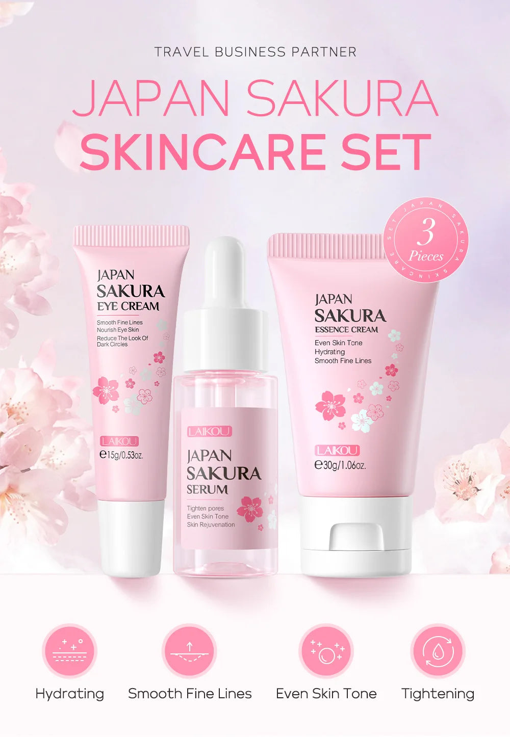 LAIKOU Vitamin C Sakura & Snail 3-Piece Skincare Set – Travel Size Face Care Kit - Roomsium