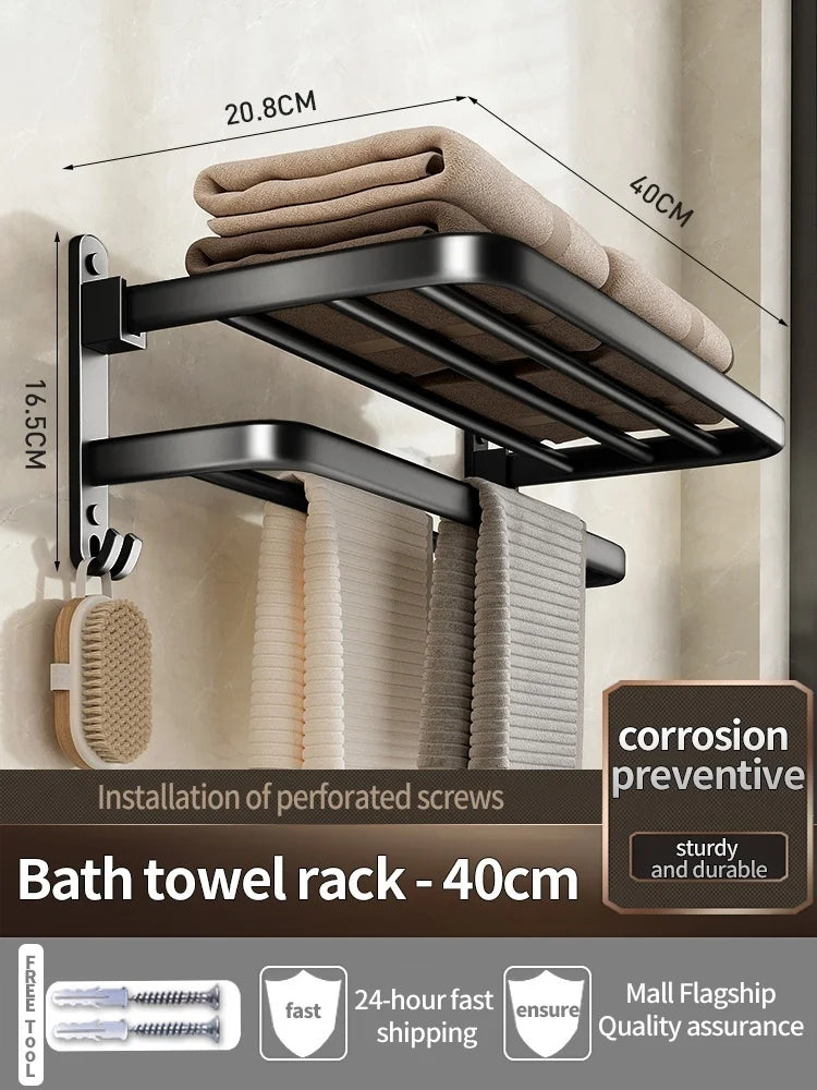 Wall-Mounted Aluminum Towel Rack – Grey/Black Bathroom Storage (40–60cm) - Roomsium