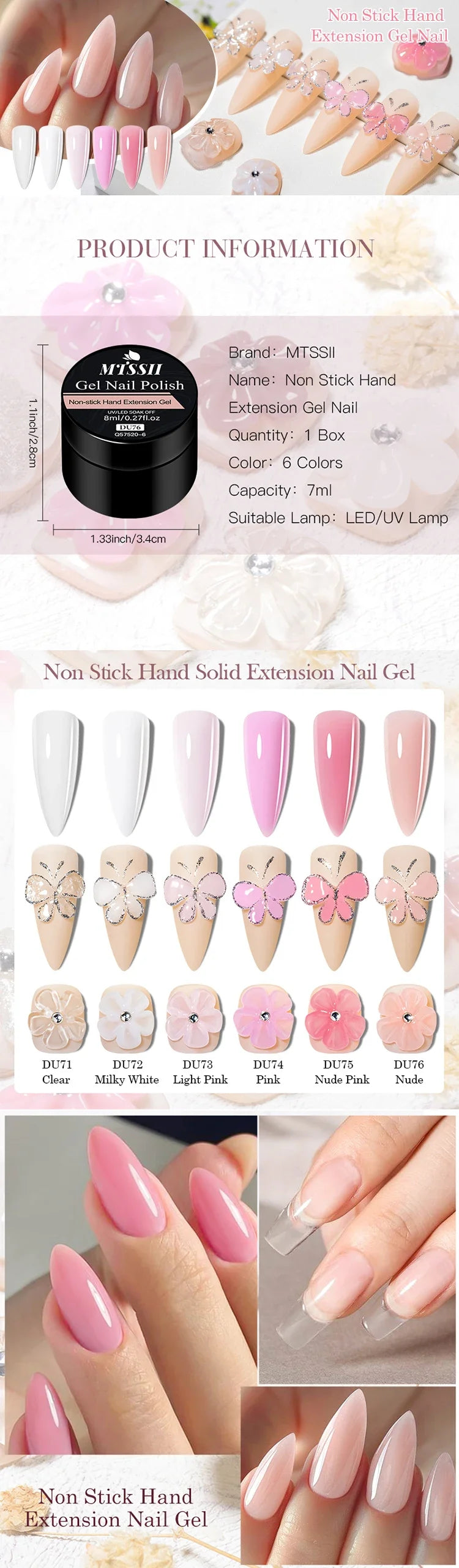 Product information for a nail extension gel with images of nails and gel packaging.