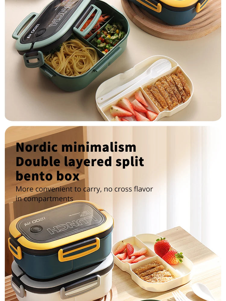 Double-Layer Portable Lunch Box with Spoon & Fork – Microwave Safe Bento Food Container (1200ml)