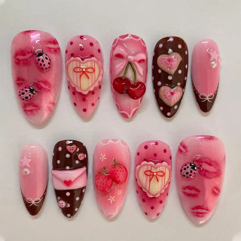 24PCS Wine Red Almond Press-On Nails with Rabbit Design