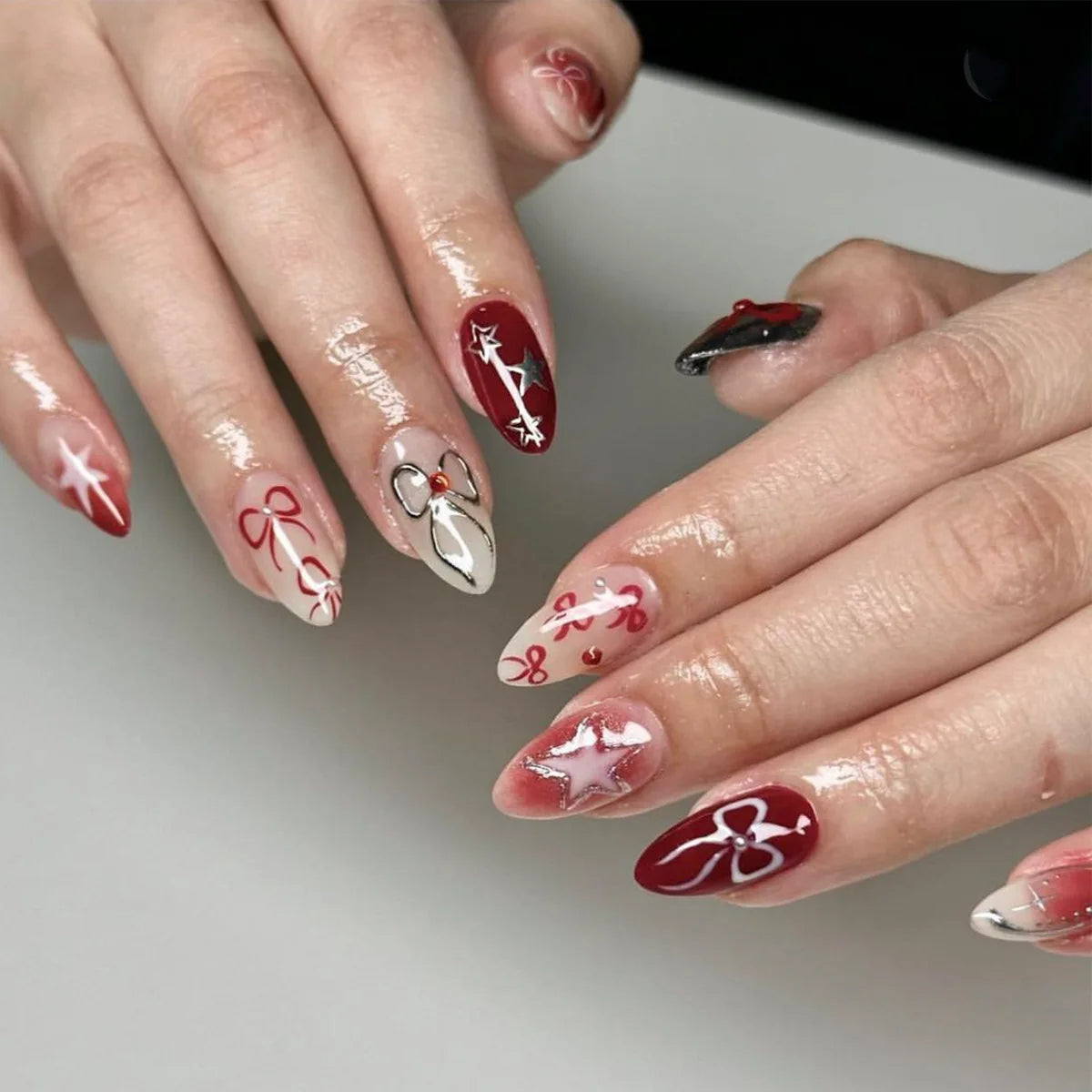24PCS Wine Red Almond Press-On Nails with Rabbit Design