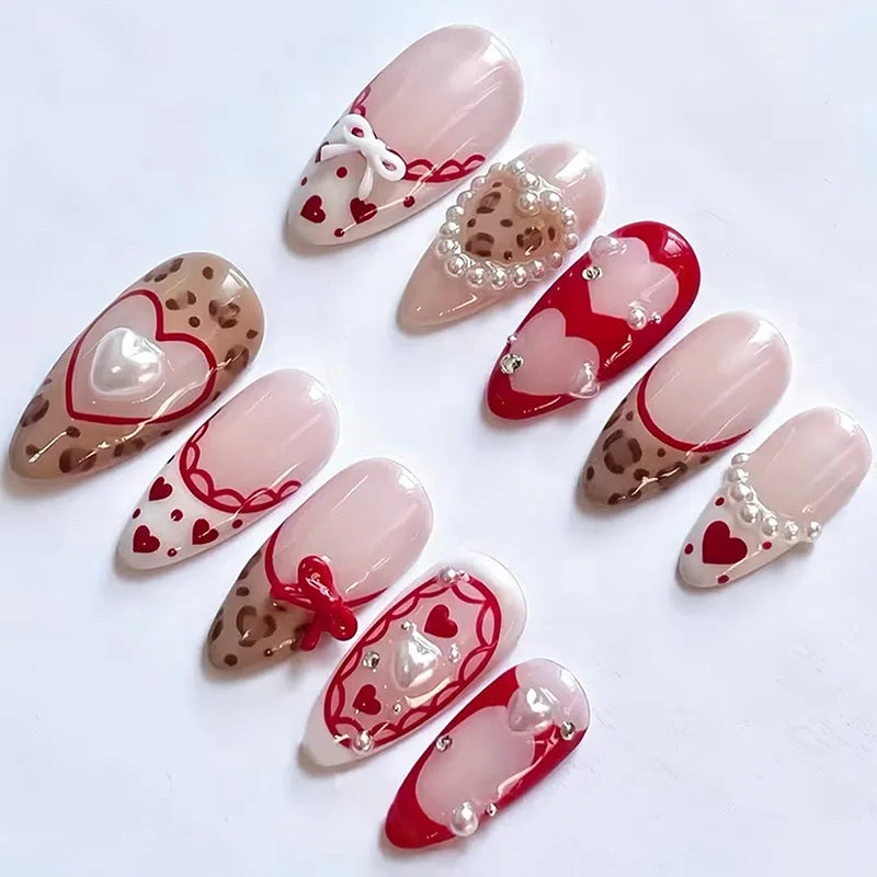 24PCS Wine Red Almond Press-On Nails with Rabbit Design