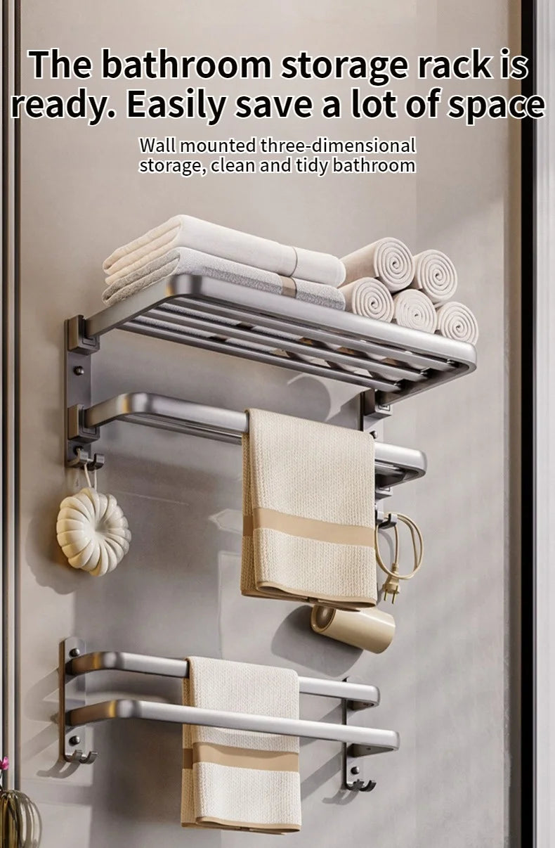 Wall-Mounted Aluminum Towel Rack – Grey/Black Bathroom Storage (40–60cm) - Roomsium