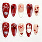 24PCS Wine Red Almond Press-On Nails with Rabbit Design