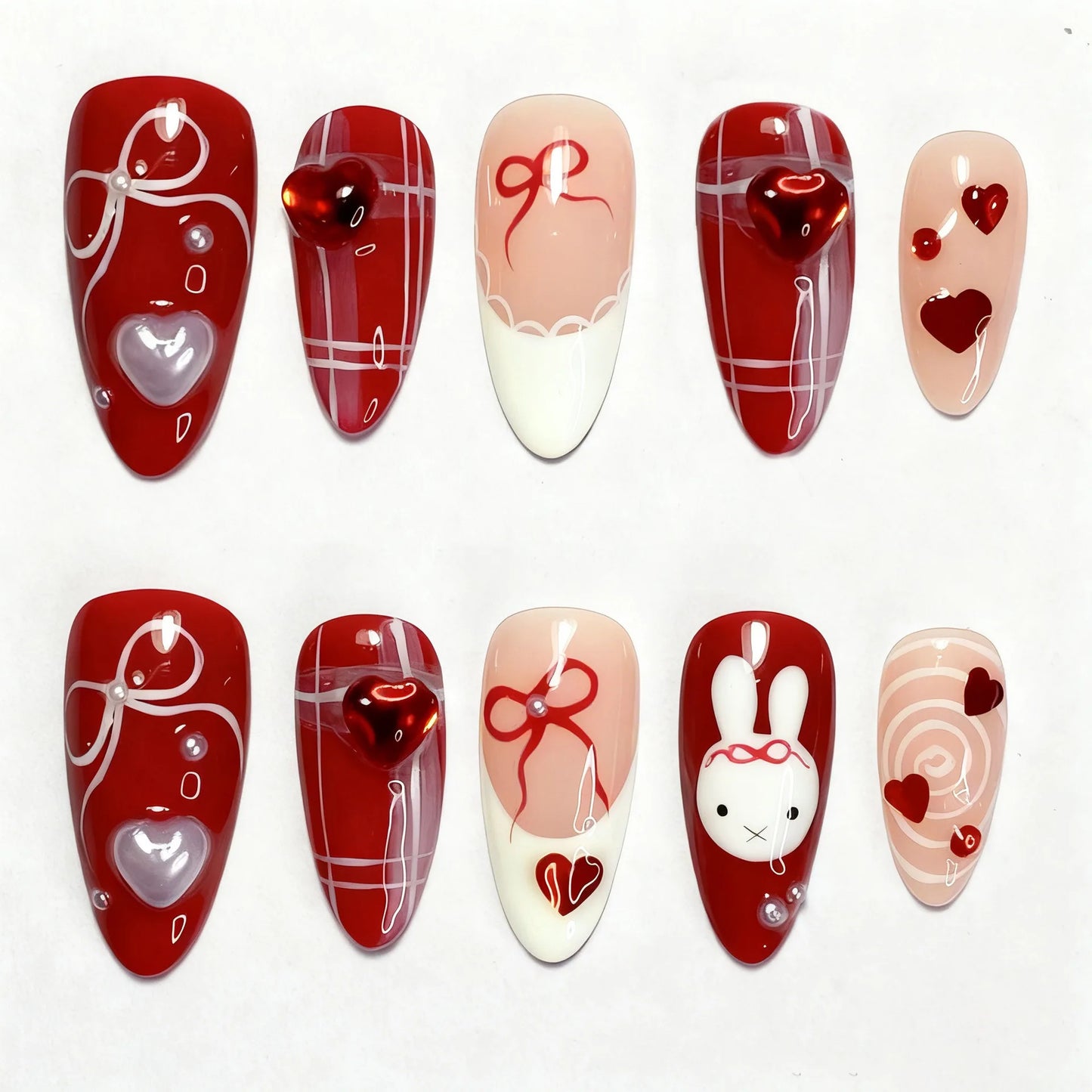 24PCS Wine Red Almond Press-On Nails with Rabbit Design