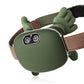 Green electronic device on a brown leather strap with a white background