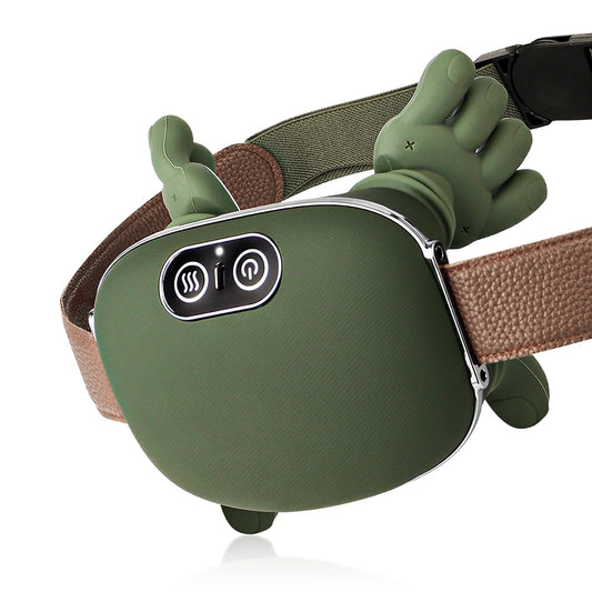 Green electronic device on a brown leather strap with a white background