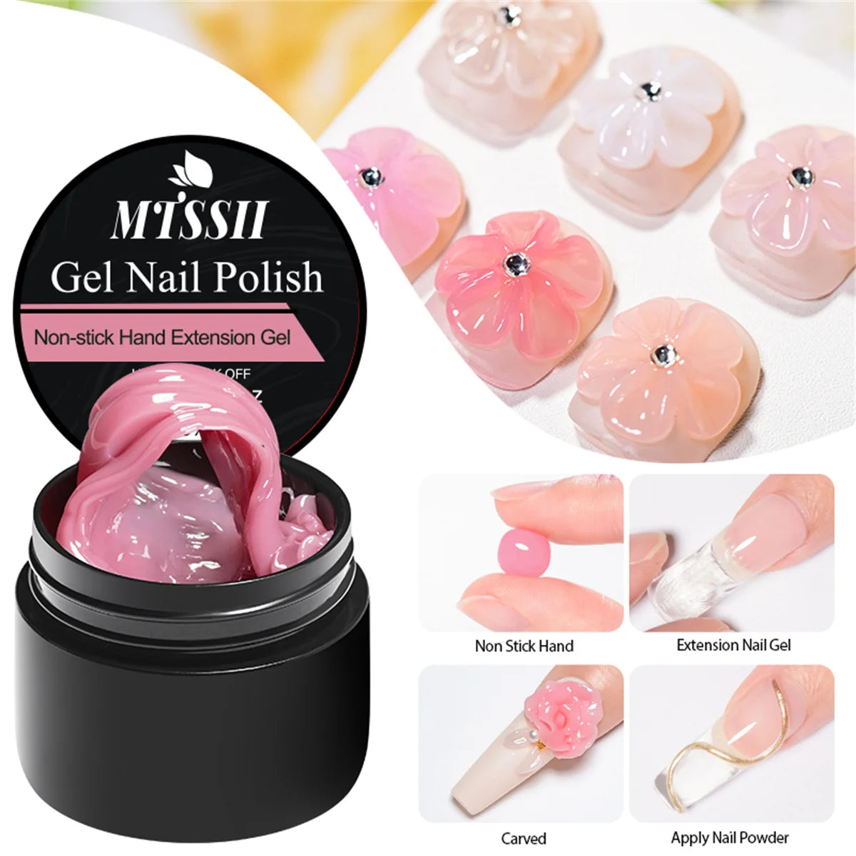 Missii Gel Nail Polish with pink gel and nail art images
