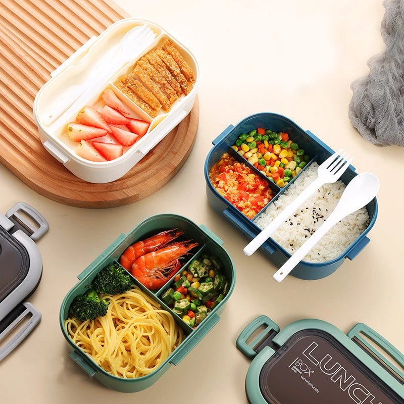 Double-Layer Portable Lunch Box with Spoon & Fork – Microwave Safe Bento Food Container (1200ml)