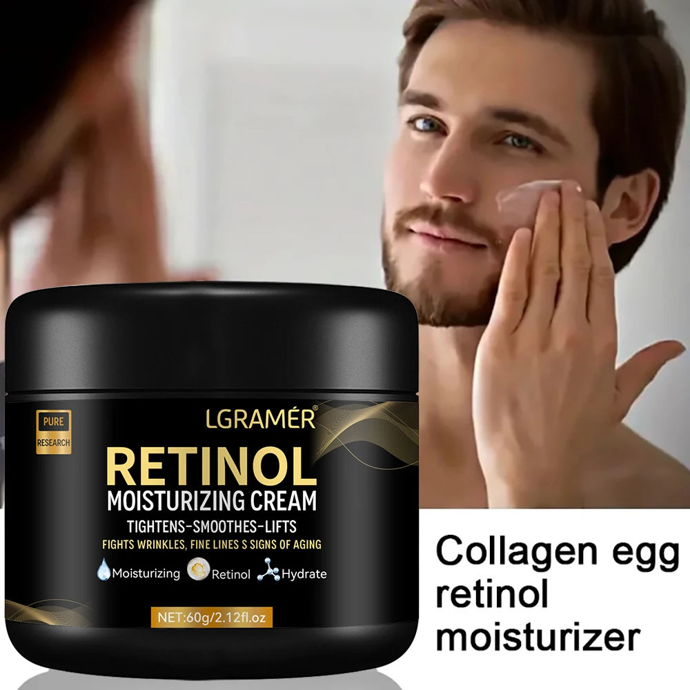 LGRAM® Retinol Moisturizing Cream jar with a man applying cream to his face.