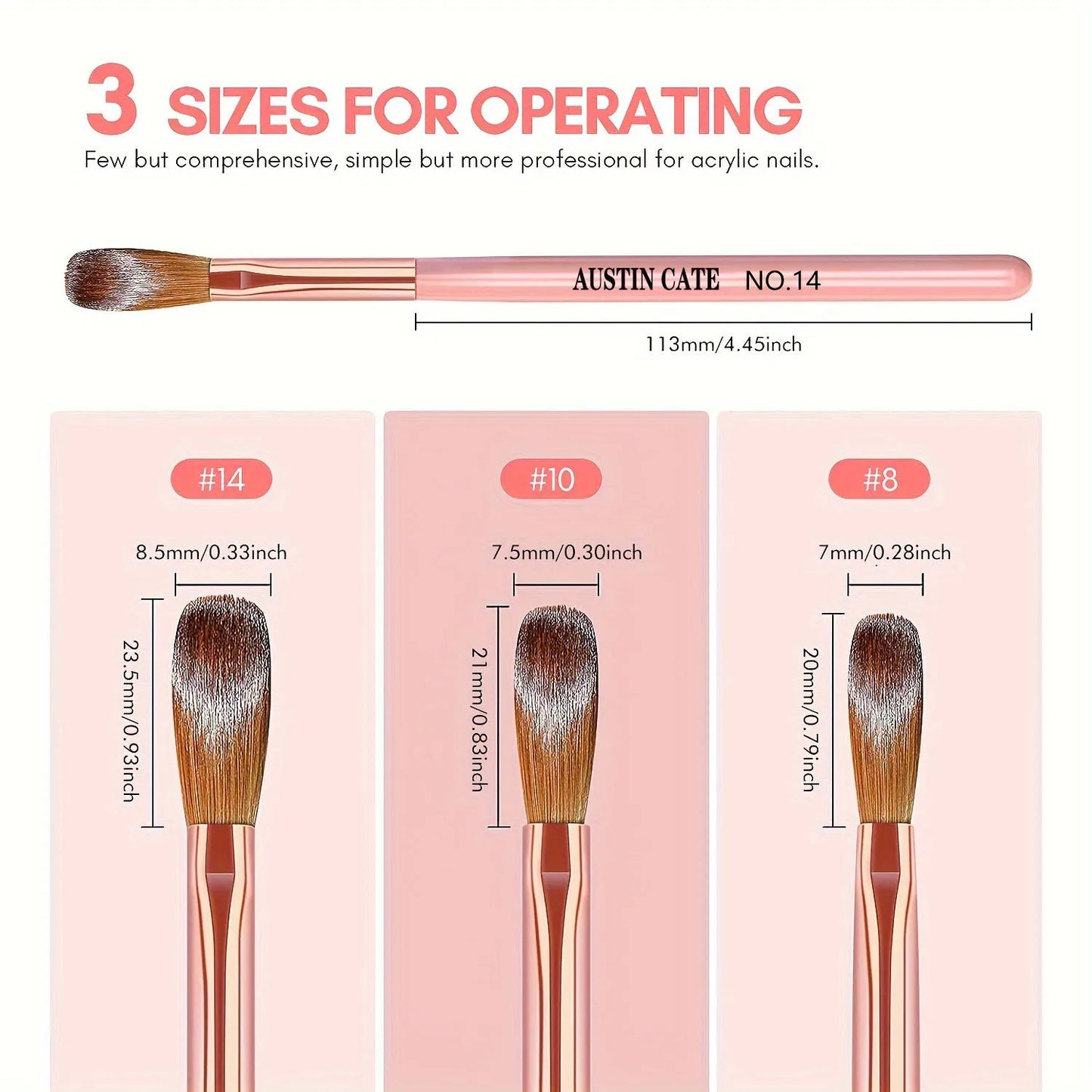 3pcs Acrylic Nail Brush Set (#8/#10/#14) – Nylon Nail Art Brushes for Acrylic Application