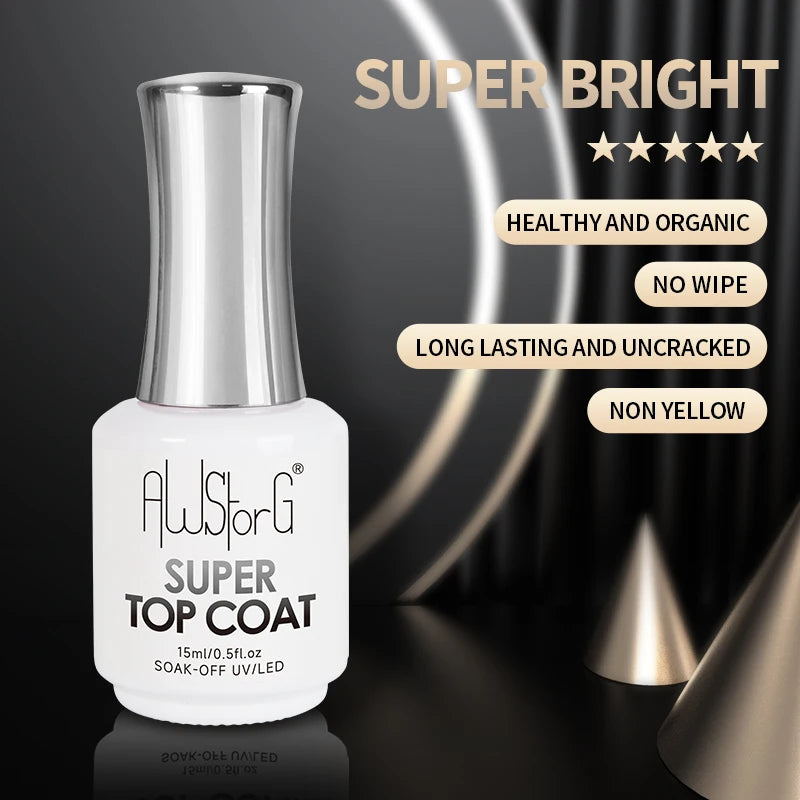 AWSTORG No-Wipe Super Top Coat Gel Polish – 15ml High-Gloss UV/LED Finish