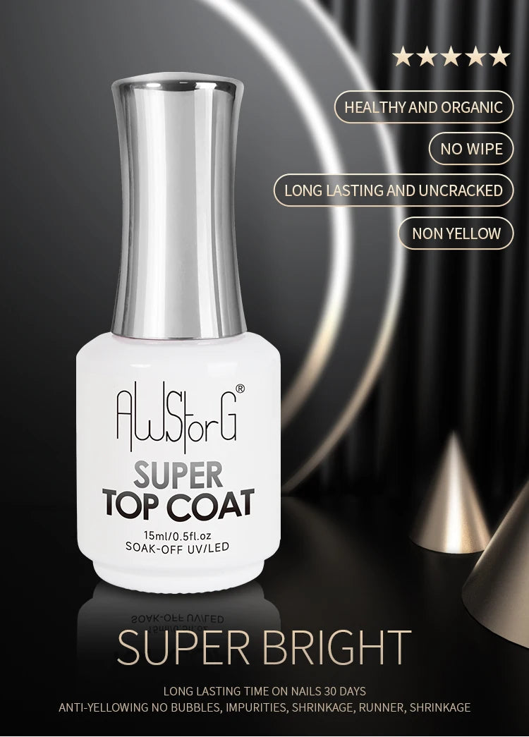 AWSTORG No-Wipe Super Top Coat Gel Polish – 15ml High-Gloss UV/LED Finish