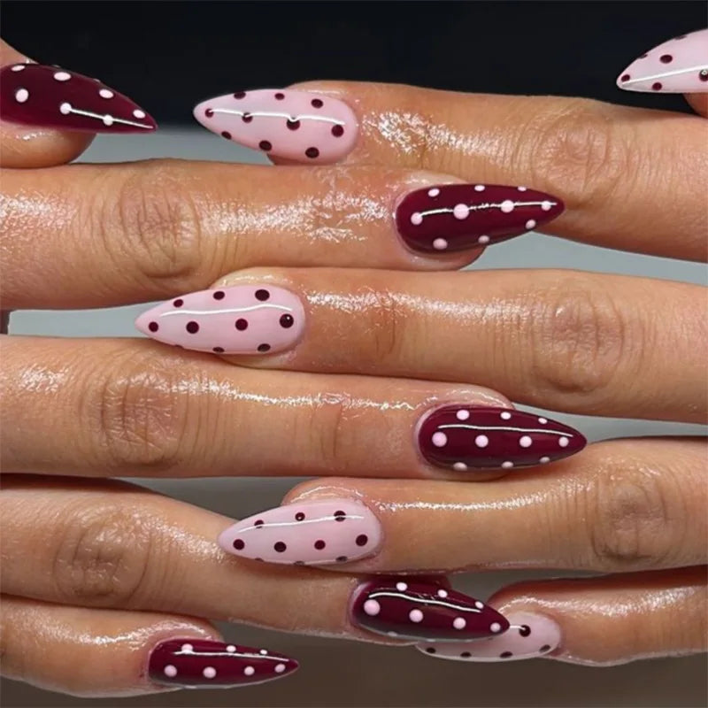 24PCS Wine Red Almond Press-On Nails with Rabbit Design