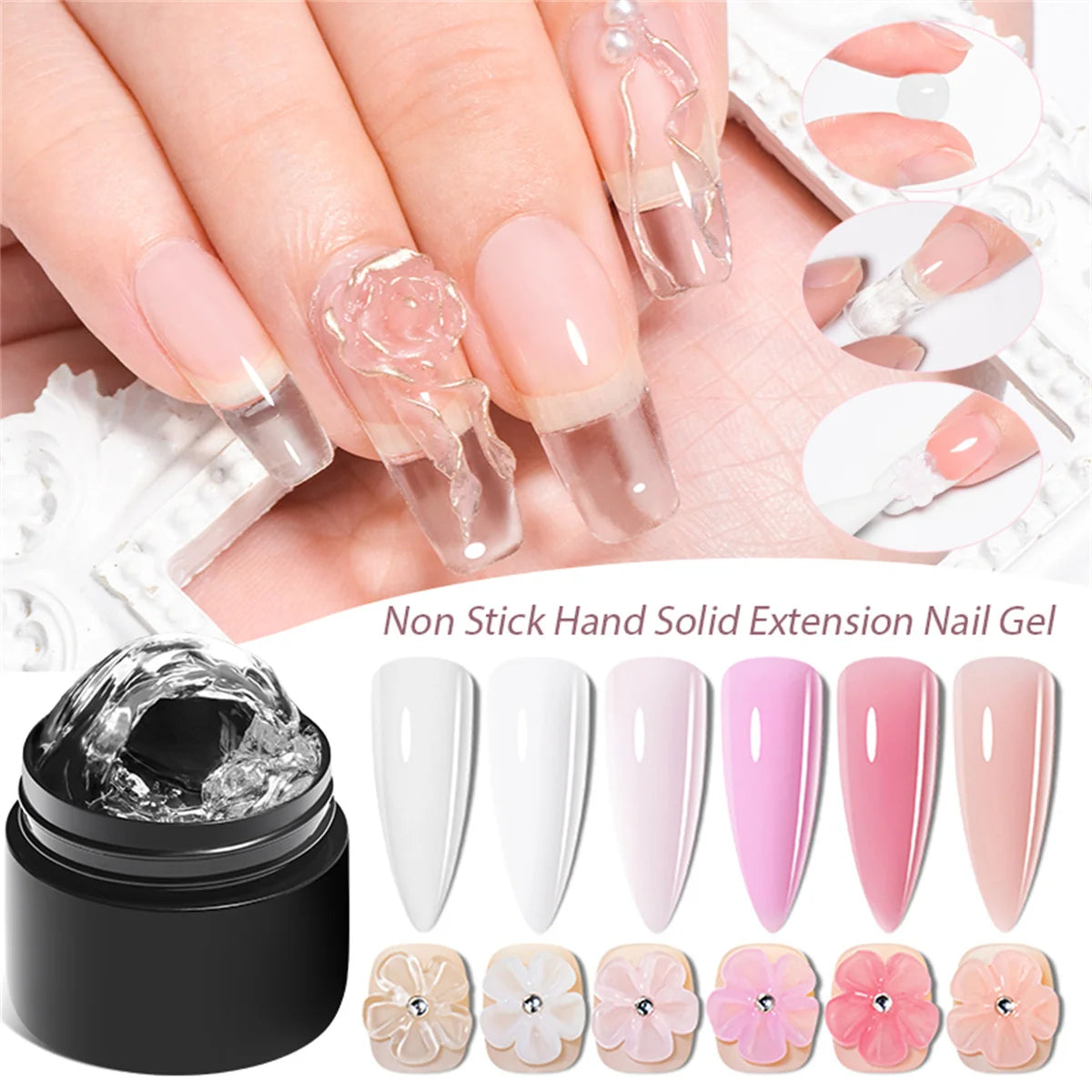 Nail gel with a jar, nail extensions, and a hand with clear gel application.