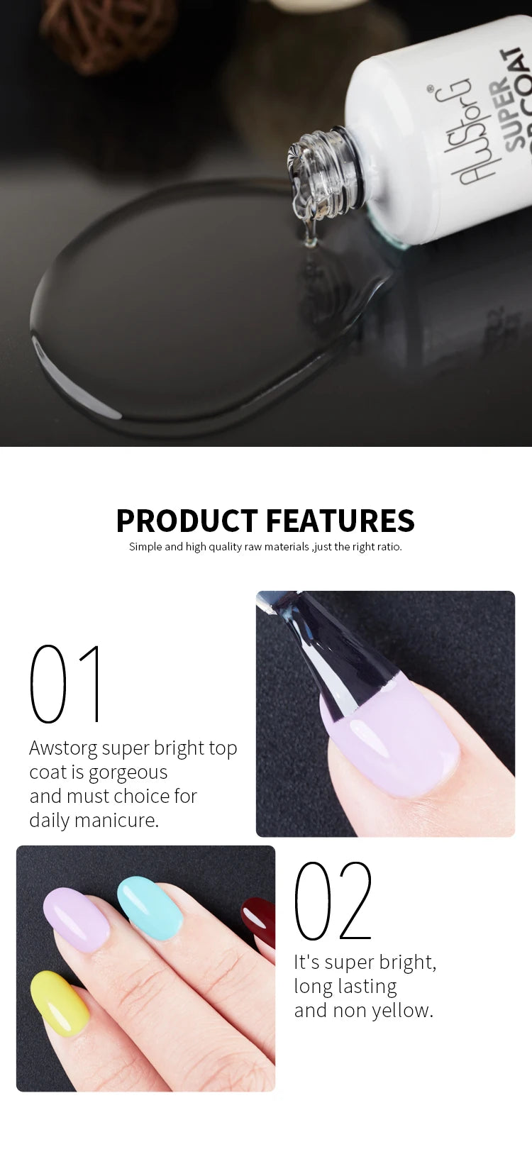 AWSTORG No-Wipe Super Top Coat Gel Polish – 15ml High-Gloss UV/LED Finish