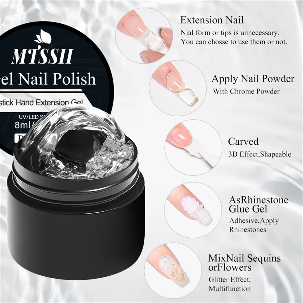 MT'SSII gel nail polish with application instructions on a white background