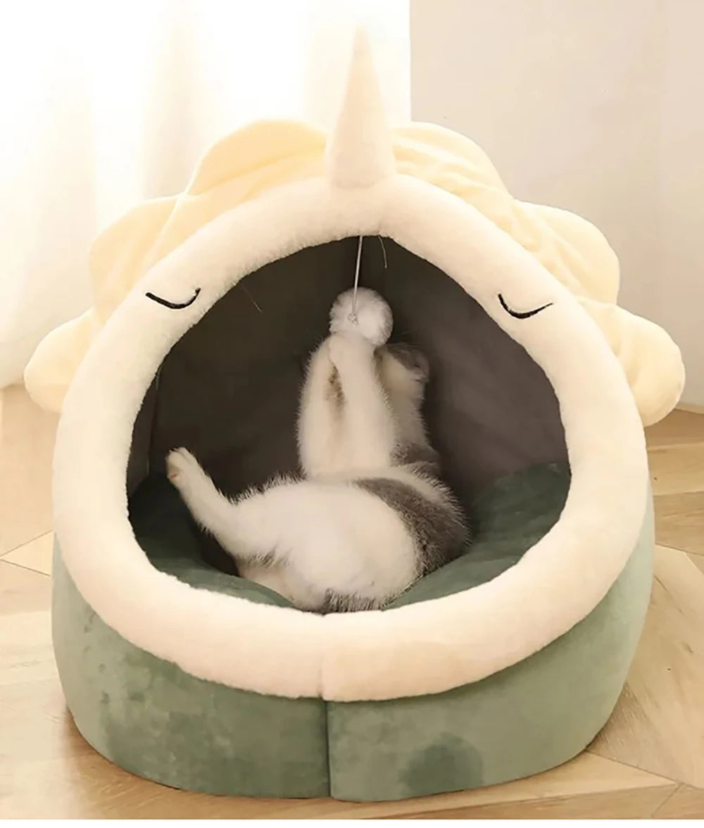 Deep Sleep Cat Bed – Foldable Cartoon Pet Cave Bed with Removable Cushion