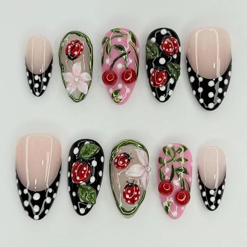 24PCS Wine Red Almond Press-On Nails with Rabbit Design