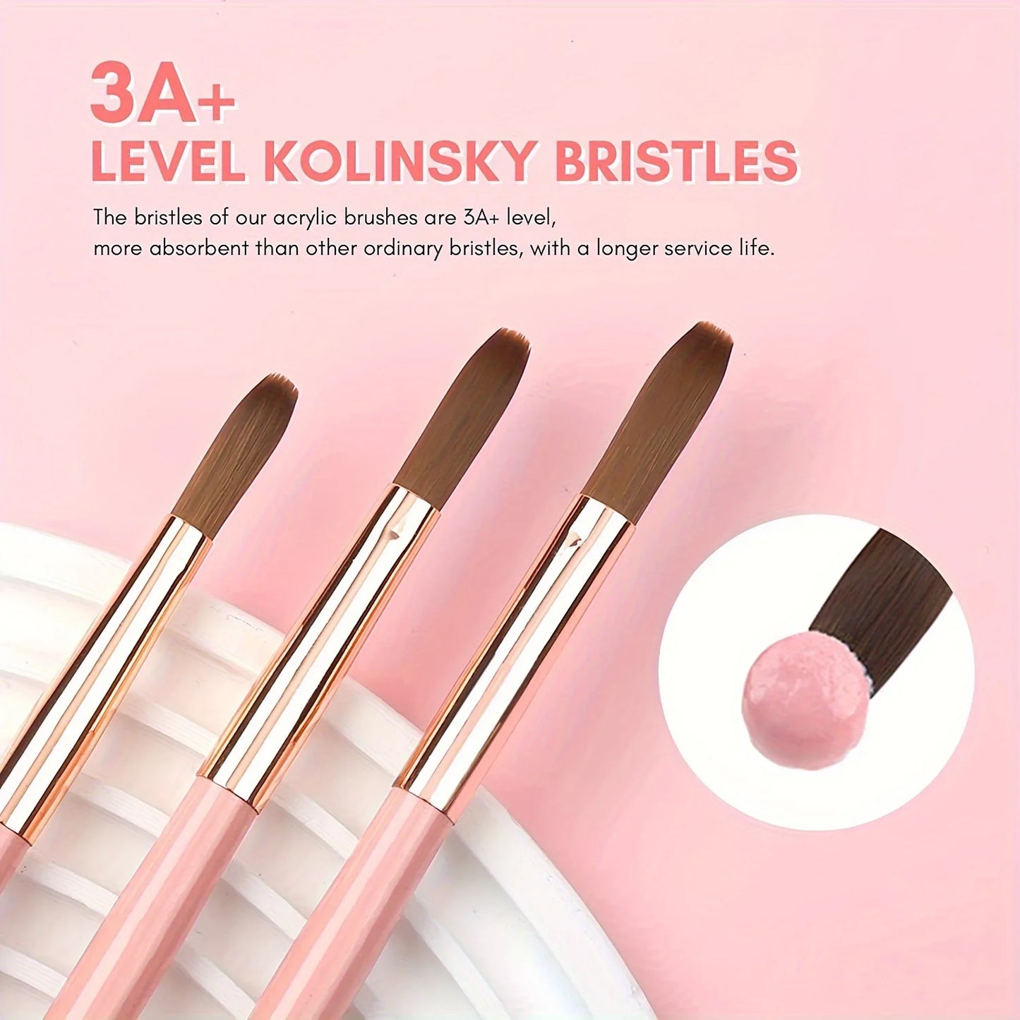 3pcs Acrylic Nail Brush Set (#8/#10/#14) – Nylon Nail Art Brushes for Acrylic Application