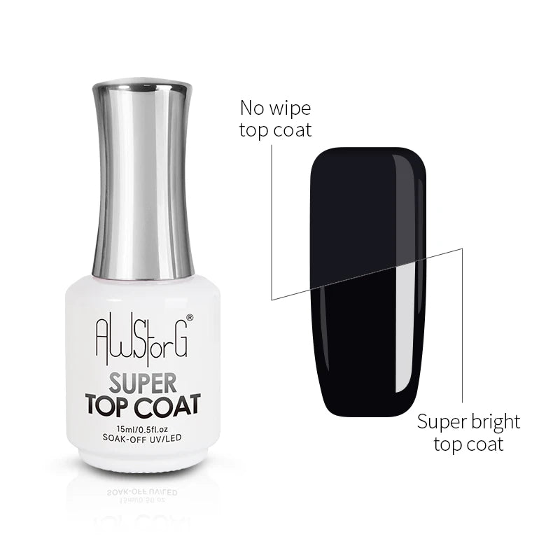 AWSTORG No-Wipe Super Top Coat Gel Polish – 15ml High-Gloss UV/LED Finish