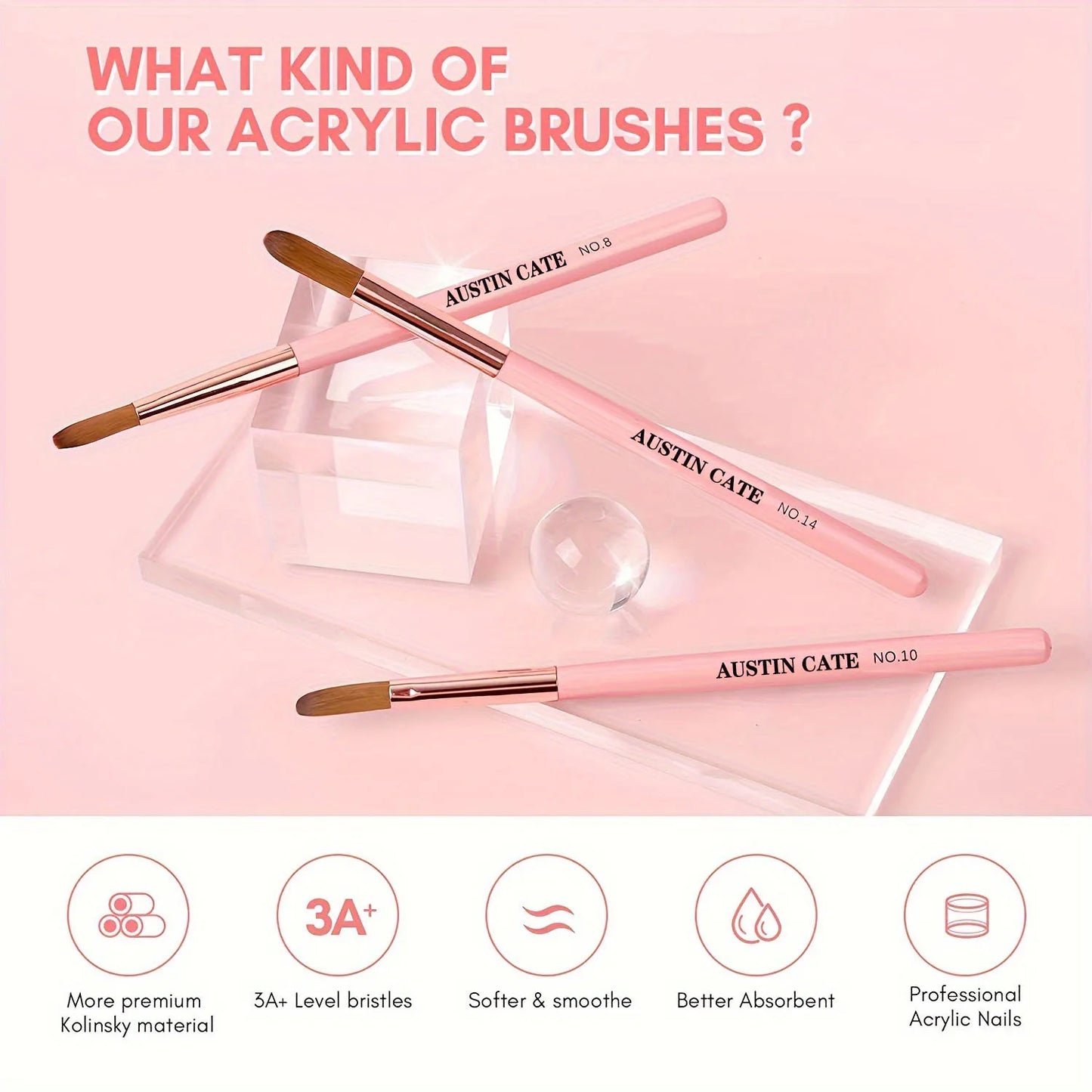 3pcs Acrylic Nail Brush Set (#8/#10/#14) – Nylon Nail Art Brushes for Acrylic Application