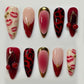 24PCS Wine Red Almond Press-On Nails with Rabbit Design
