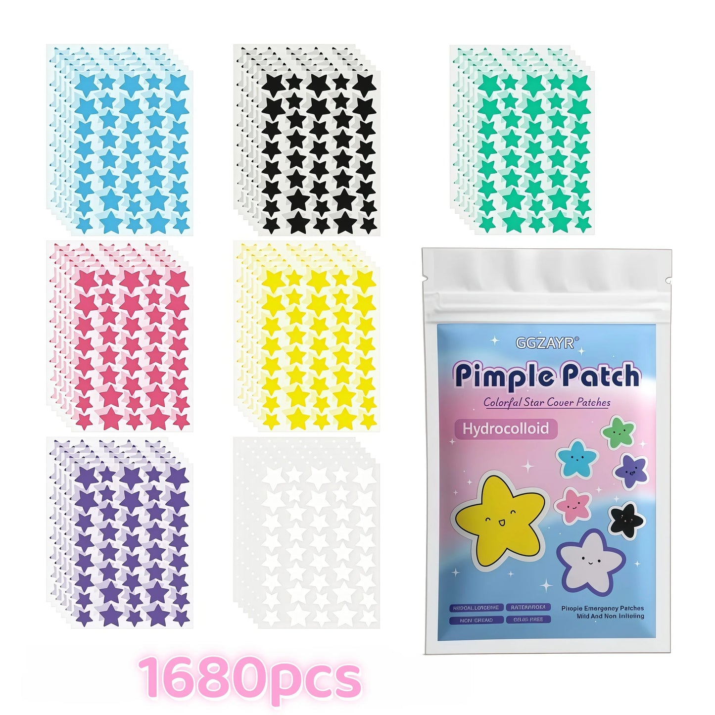 Seven-Color Star Pimple Patches – Invisible Hydrocolloid Acne Dots (280 / 1120 / 1680 pcs)