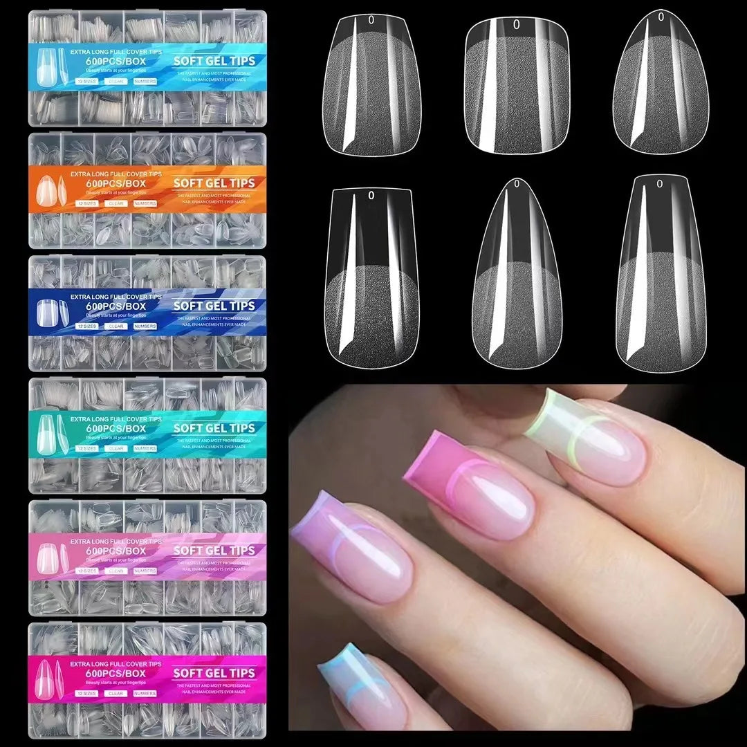 600pcs Soft Gel Nail Tips – Half Matte Clear Almond False Nails for Extension - Roomsium