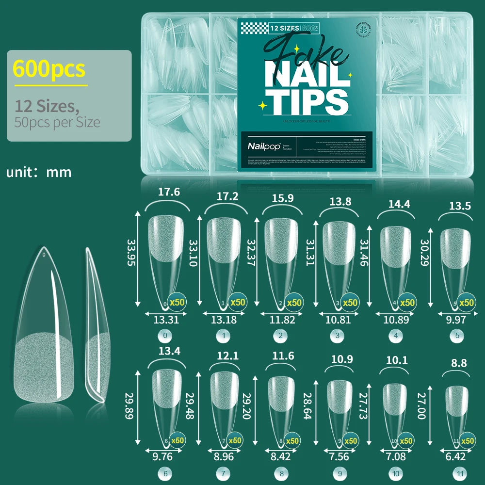 NAILPOP 600PCS Soft Gel X Nail Tips – Full Cover Coffin Almond Oval Pre-Buff Semi-Matte False Nails - Roomsium