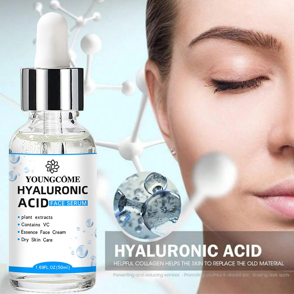 Youngcome Hyaluronic Acid face serum bottle with a close-up of a woman's face and text about hyaluronic acid.