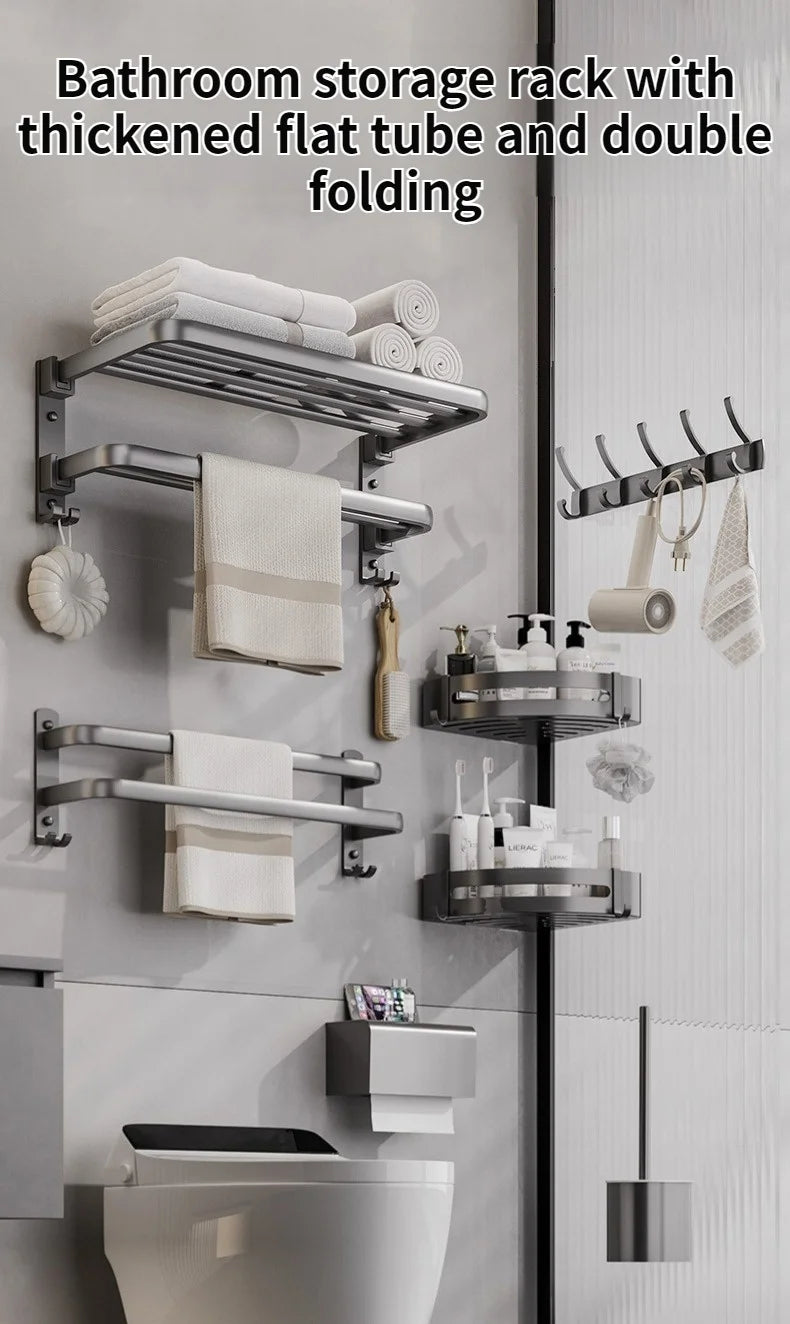 Wall-Mounted Aluminum Towel Rack – Grey/Black Bathroom Storage (40–60cm) - Roomsium