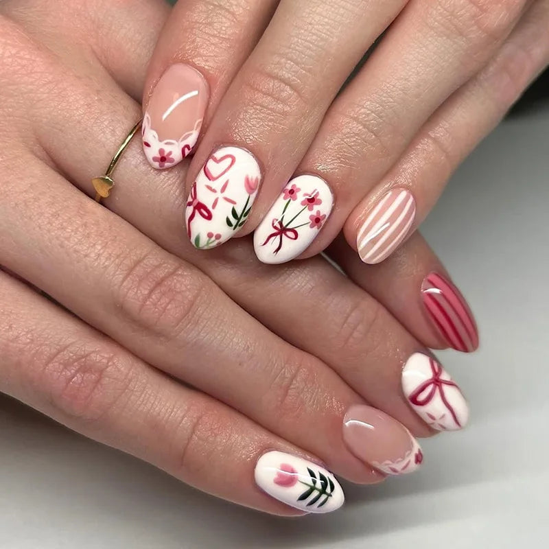 24PCS Wine Red Almond Press-On Nails with Rabbit Design