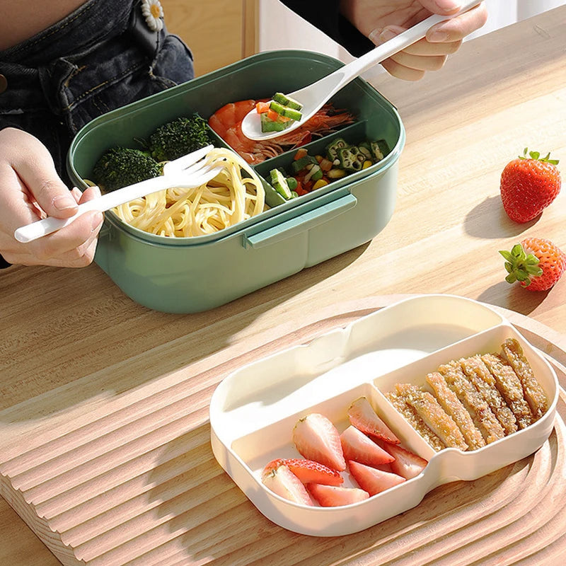 Double-Layer Portable Lunch Box with Spoon & Fork – Microwave Safe Bento Food Container (1200ml)