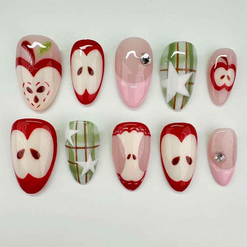 24PCS Wine Red Almond Press-On Nails with Rabbit Design