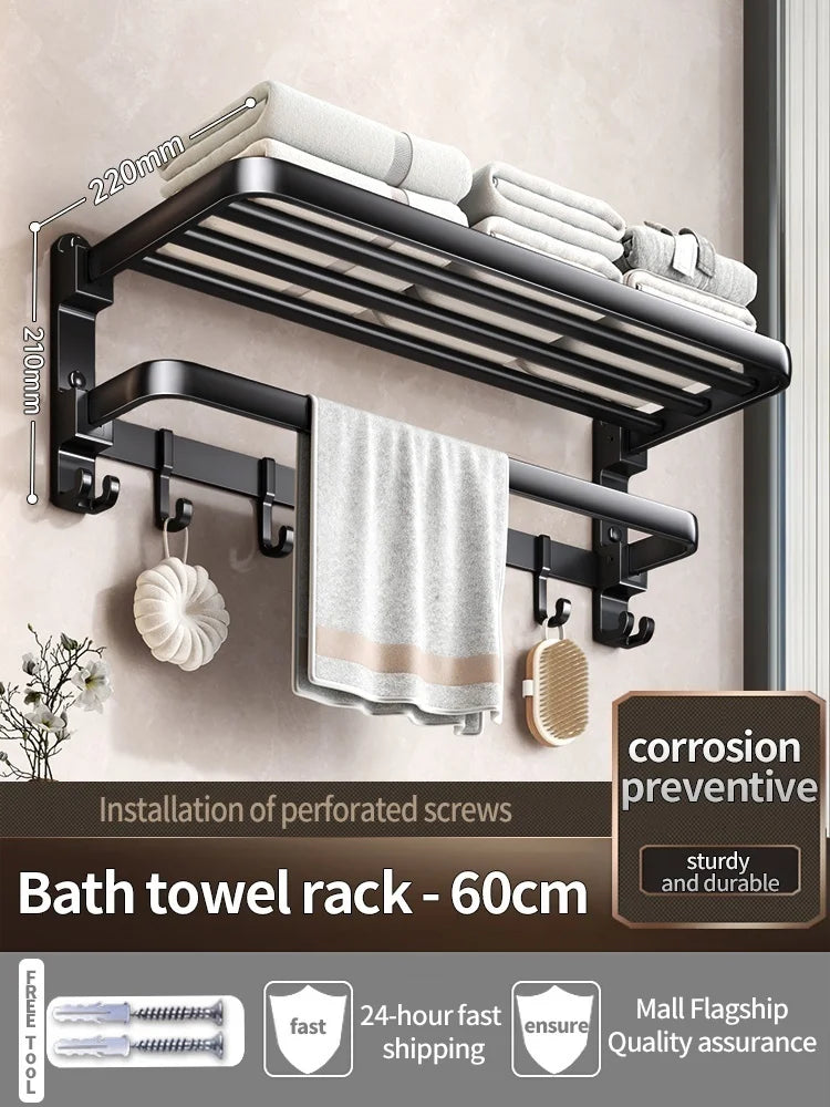 Wall-Mounted Aluminum Towel Rack – Grey/Black Bathroom Storage (40–60cm) - Roomsium