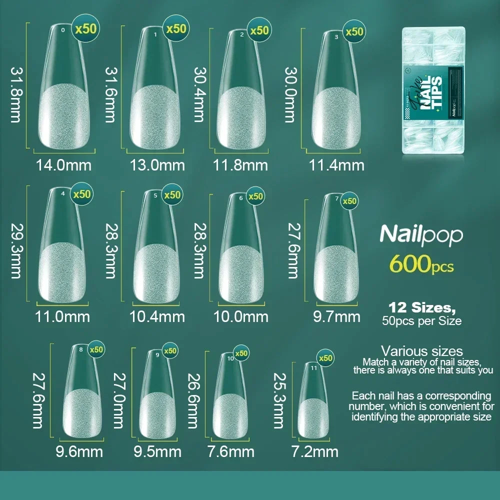 NAILPOP 600PCS Soft Gel X Nail Tips – Full Cover Coffin Almond Oval Pre-Buff Semi-Matte False Nails - Roomsium