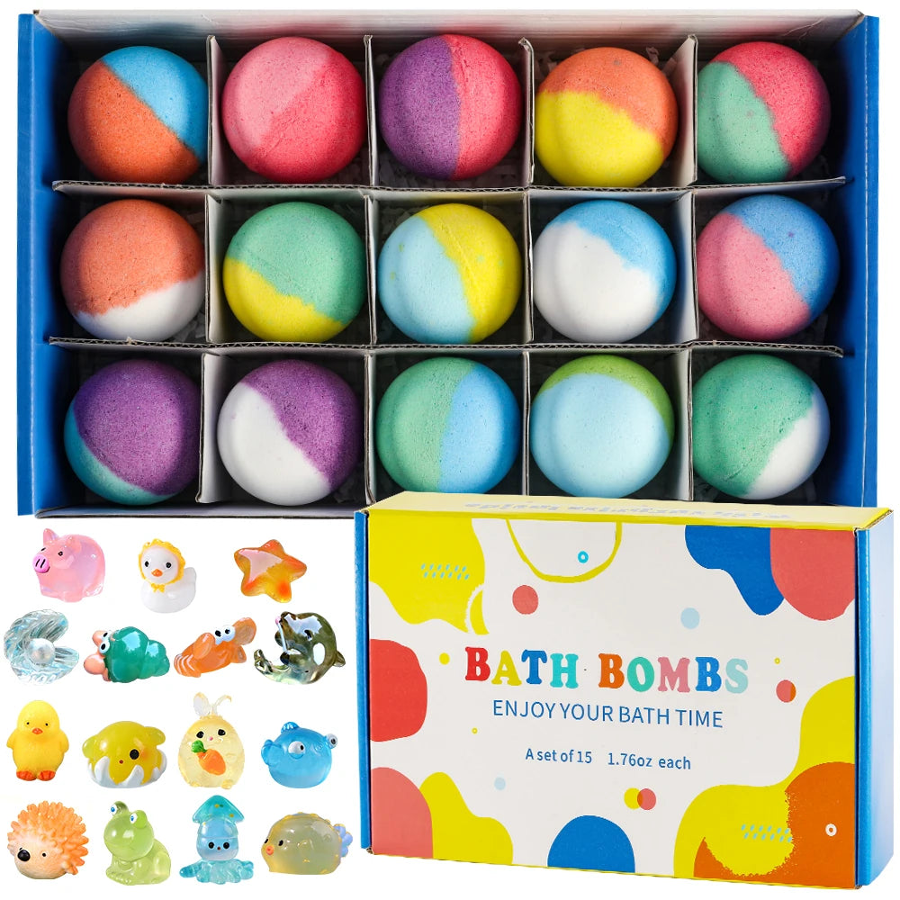 Kids Bath Bombs with Surprise Inside – 15 Pack Natural Bubble Bath Fizzy Gift Set