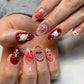 24PCS Wine Red Almond Press-On Nails with Rabbit Design