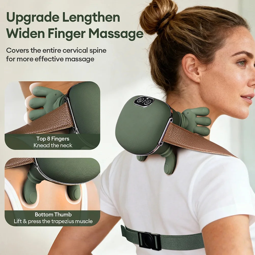 Woman using a neck and shoulder massager with text explaining its features.