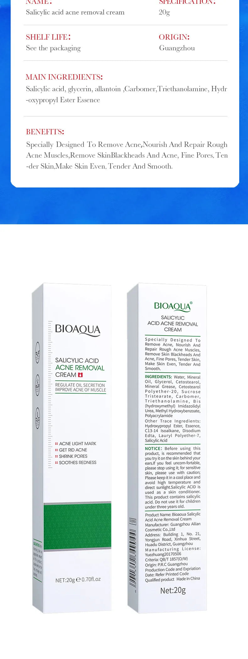 BIOAQUA Salicylic Acid Acne Repair Face Cream – Blackhead & Mark Care, Moisturizing
