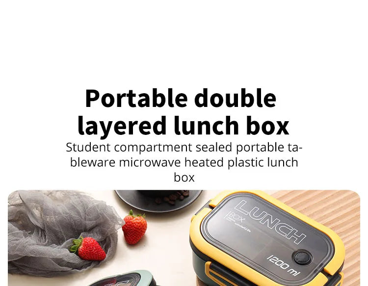Double-Layer Portable Lunch Box with Spoon & Fork – Microwave Safe Bento Food Container (1200ml)
