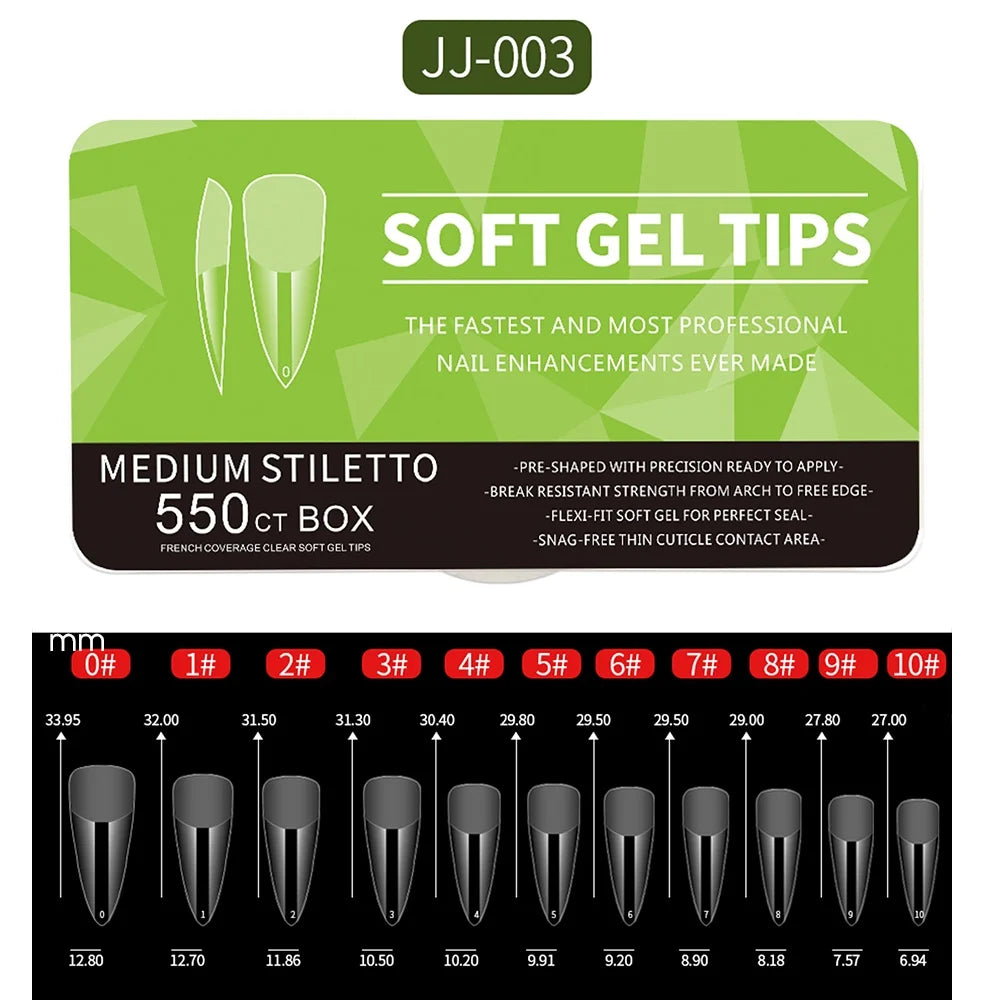 550pcs Soft Gel Full Cover Nail Tips – Almond & Coffin