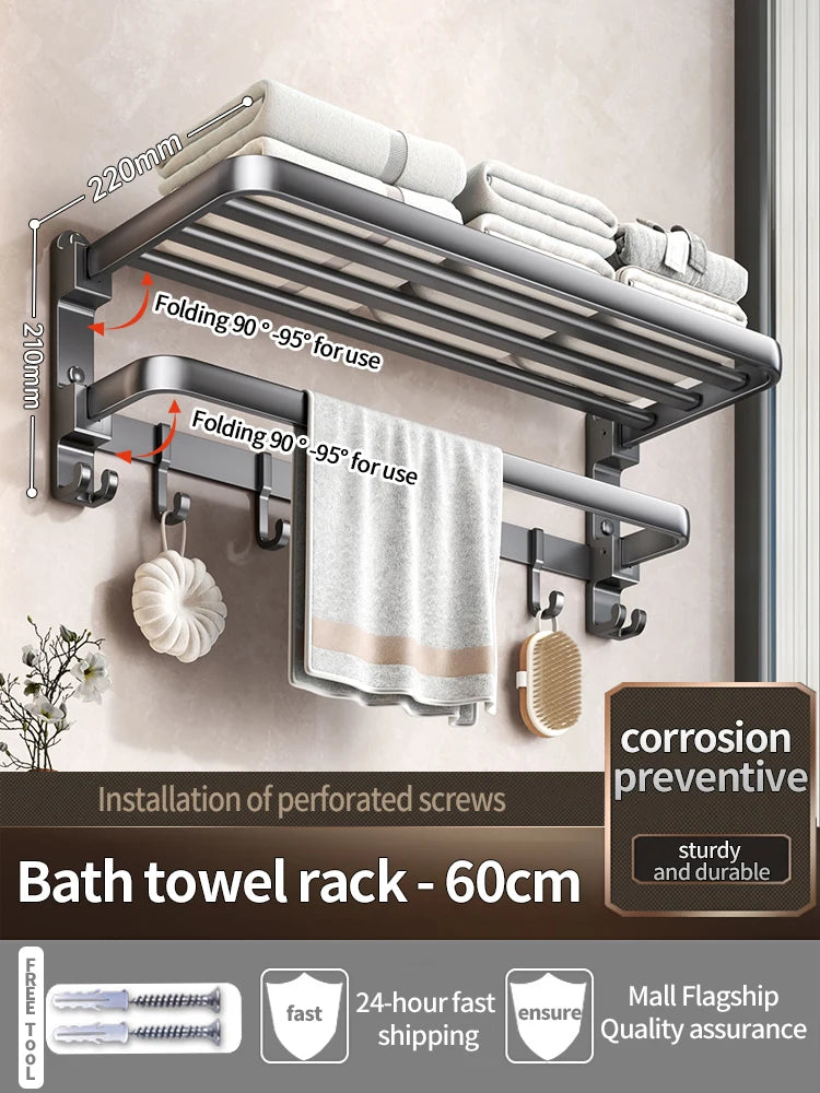 Wall-Mounted Aluminum Towel Rack – Grey/Black Bathroom Storage (40–60cm) - Roomsium