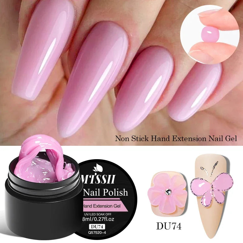 Pink nail extensions with a container of nail gel and a close-up of the gel.