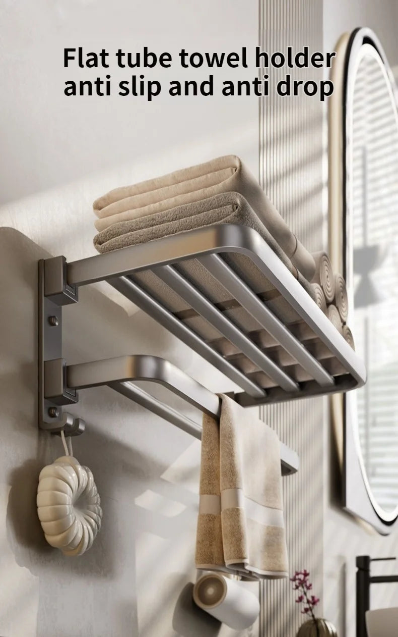Wall-Mounted Aluminum Towel Rack – Grey/Black Bathroom Storage (40–60cm) - Roomsium