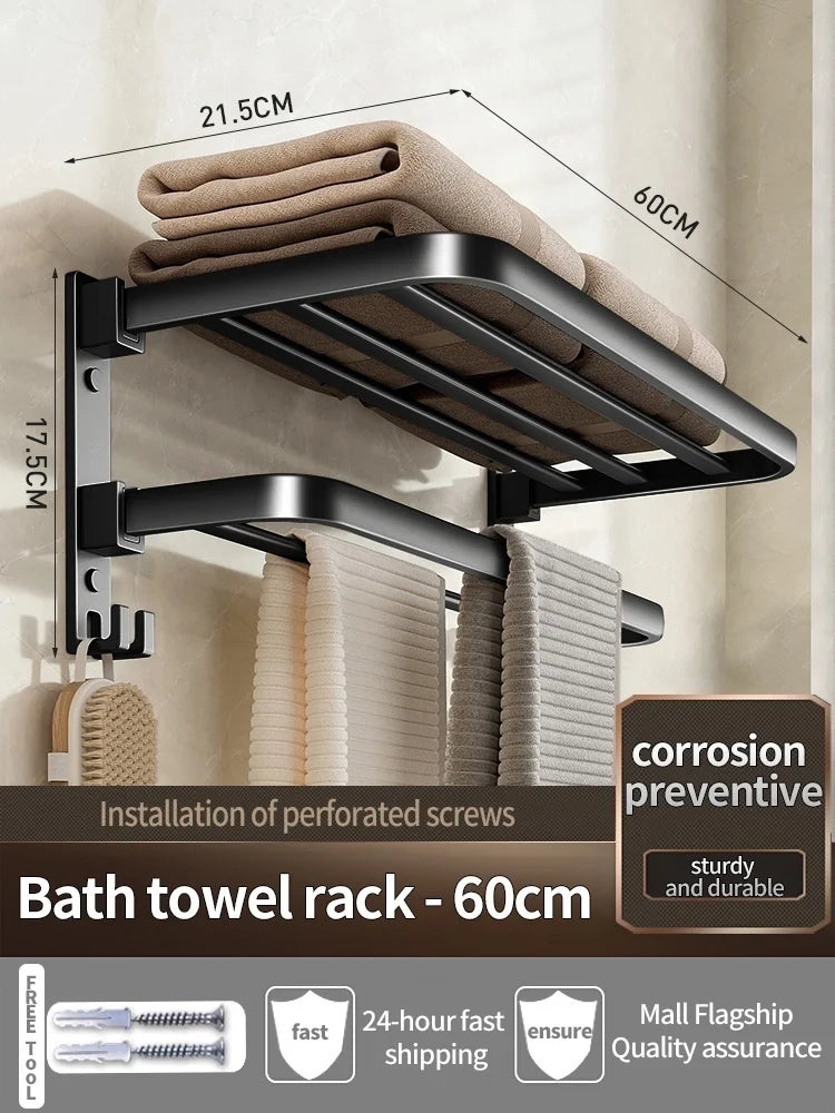 Wall-Mounted Aluminum Towel Rack – Grey/Black Bathroom Storage (40–60cm) - Roomsium