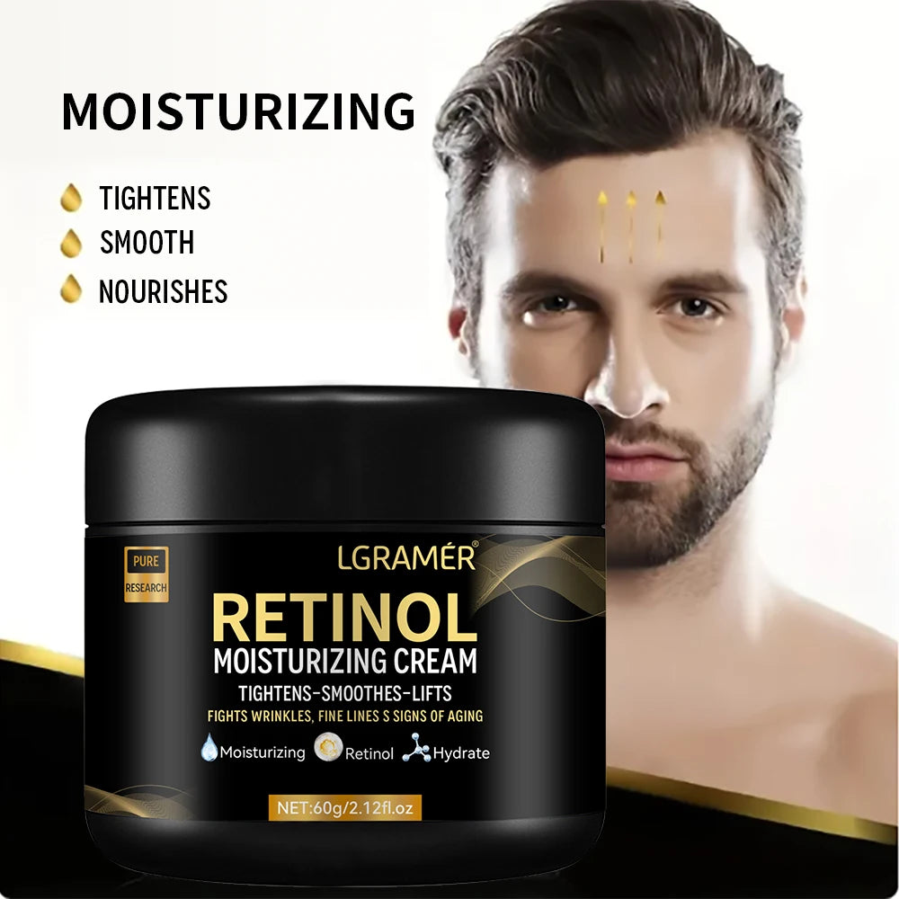 LGRAMÓR Retinol Moisturizing Cream jar with a man's face showing benefits on a white background
