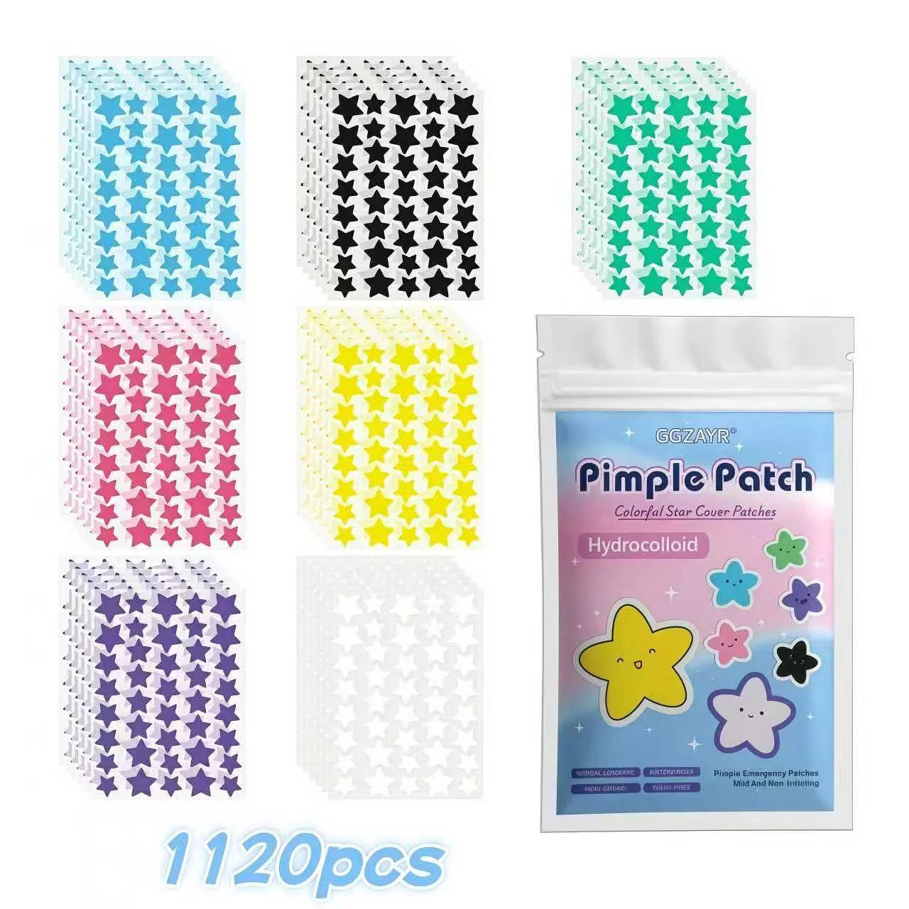 Seven-Color Star Pimple Patches – Invisible Hydrocolloid Acne Dots (280 / 1120 / 1680 pcs)